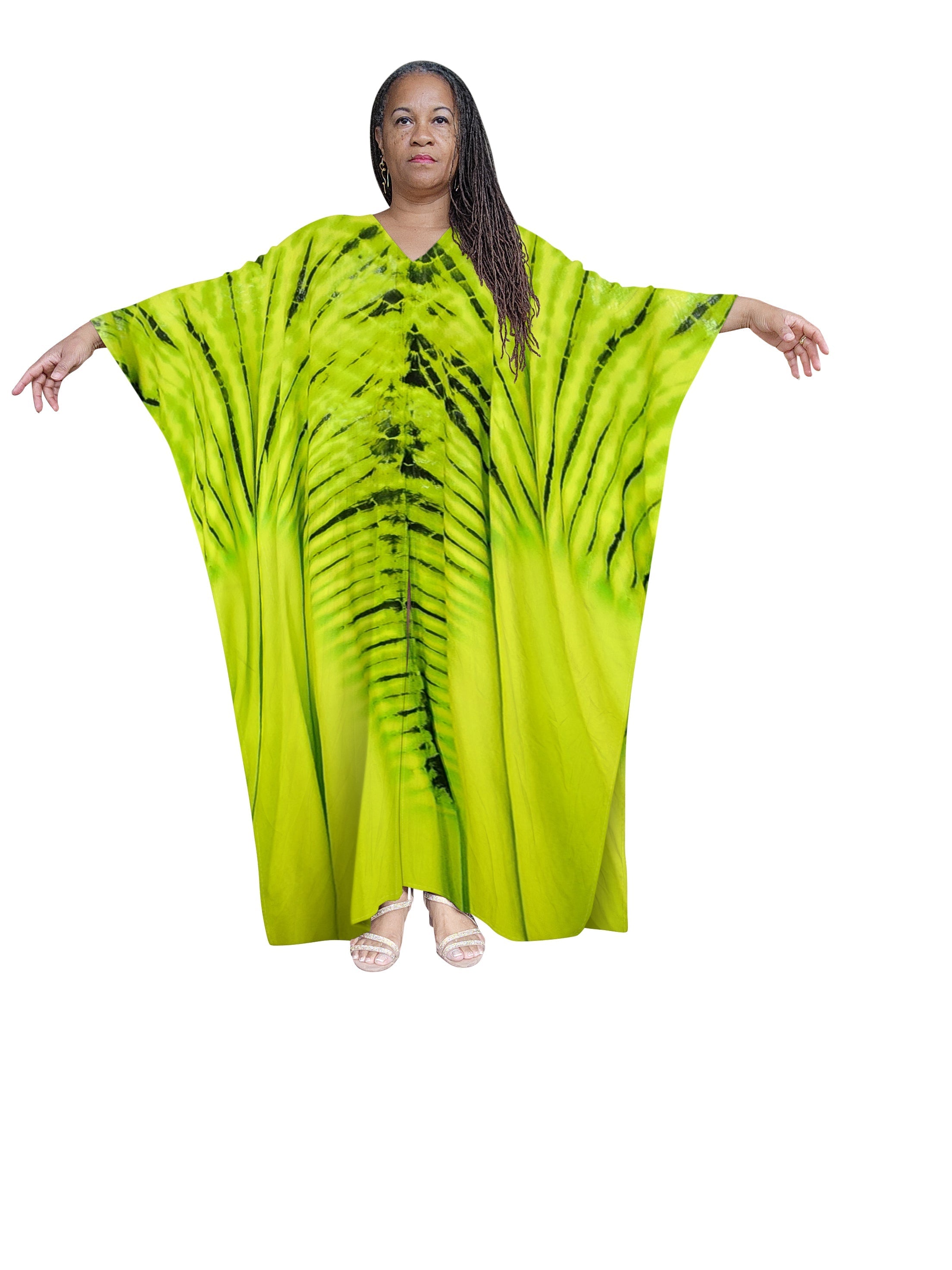 Bright green hand-dyed kaftan maxi dress with a unique tie-dye pattern. A bold and fashionable choice for summer and spring events.
