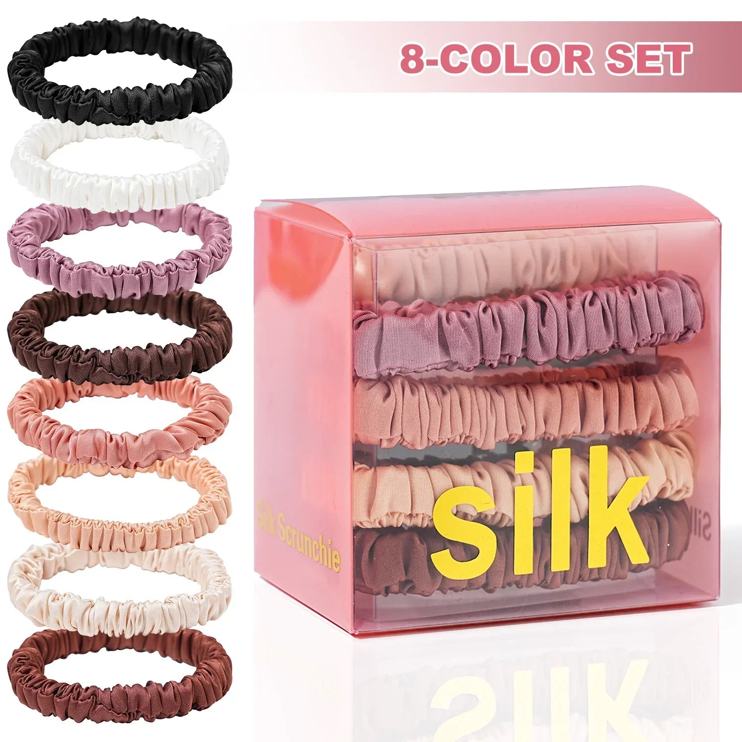 8-piece Mulberry Silk Hair Elastics set in a pink transparent box. Includes black, white, pink, and brown tones for natural hair.