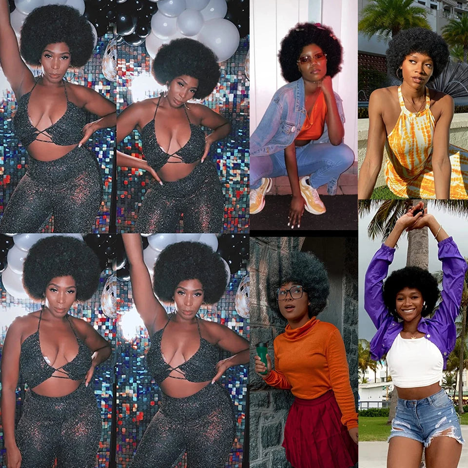 Collage of a woman in various outfits with an afro hairstyle.