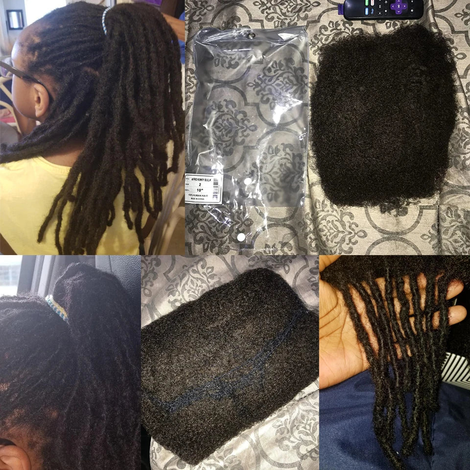 Collage of images showing braided hair, packaging, and close-up of hair extensions.