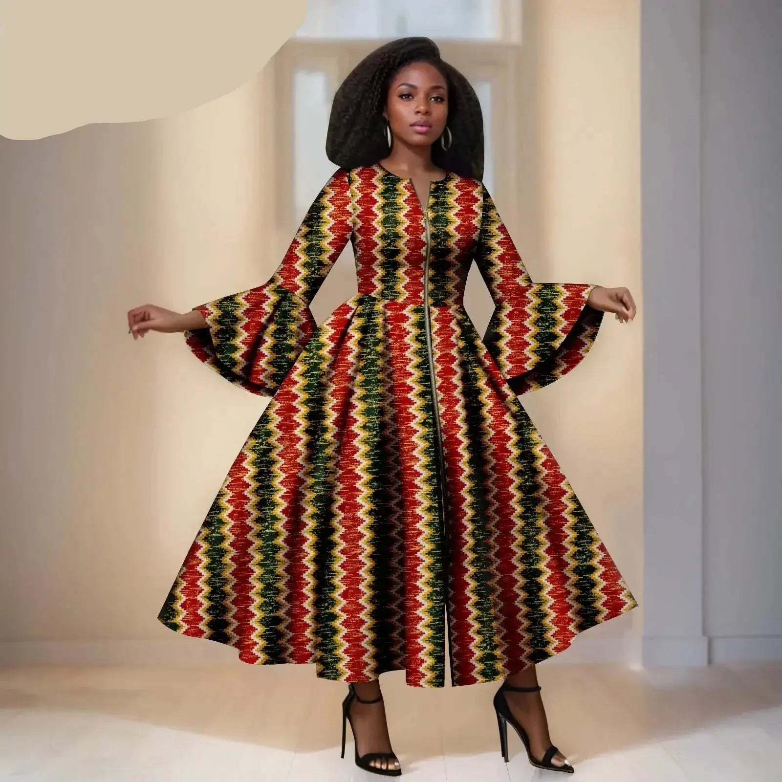 Ankara Maxi Dress With Multiple Colours and Details– Bell Sleeves & Zipper Detail