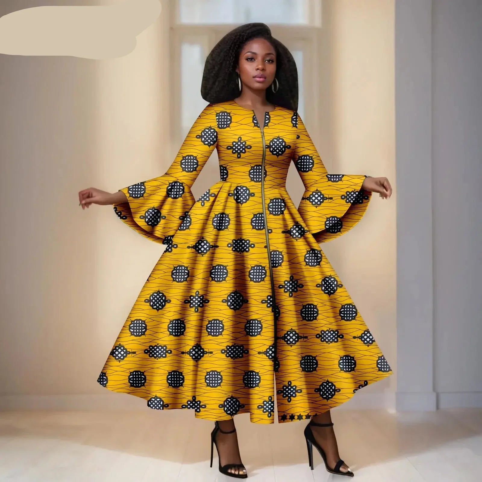 Ankara Maxi Dress in Yellow With Details – Bell Sleeves & Zipper Detail