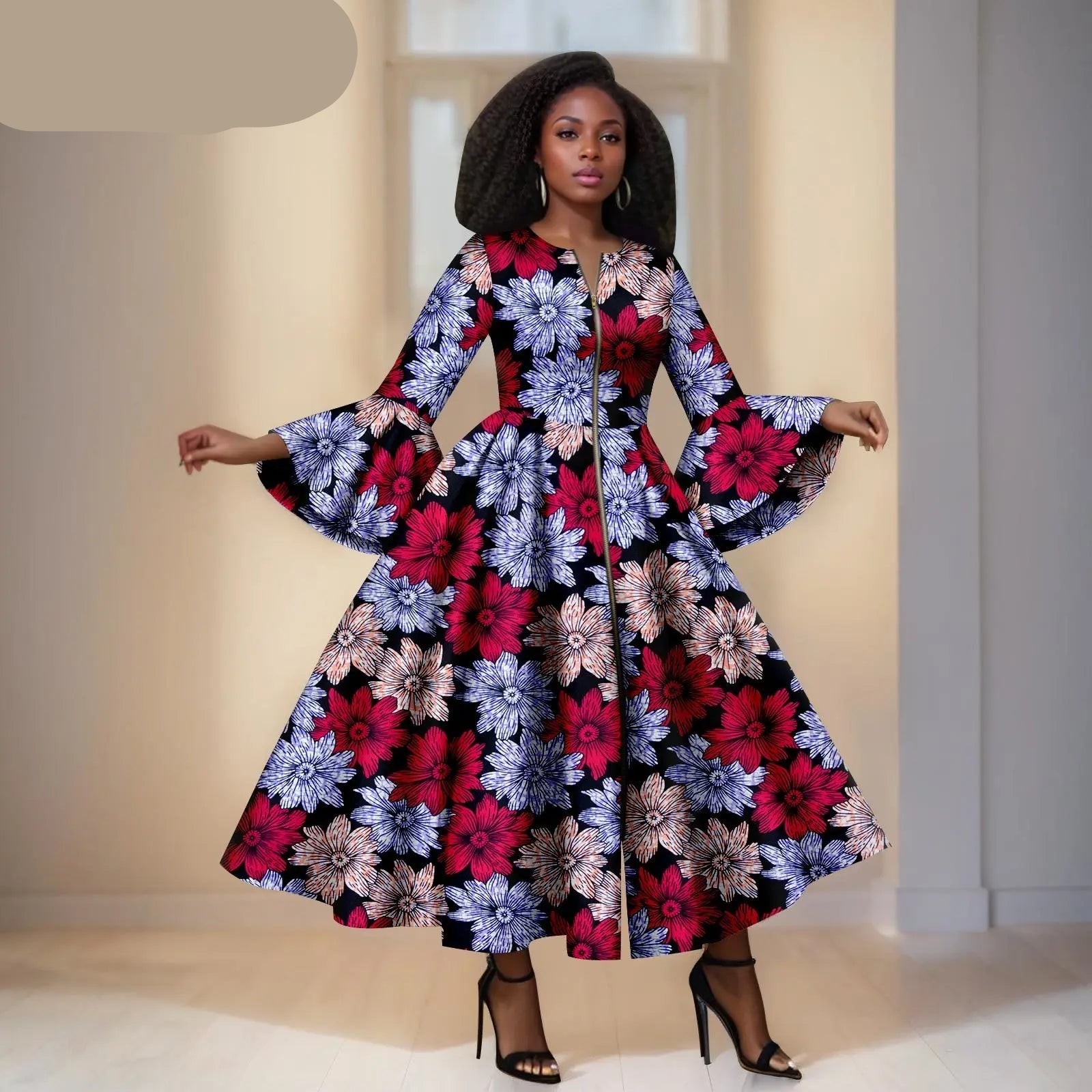 Black Ankara Maxi Dress With Flowers in Multiple Colours – Bell Sleeves & Zipper Detail