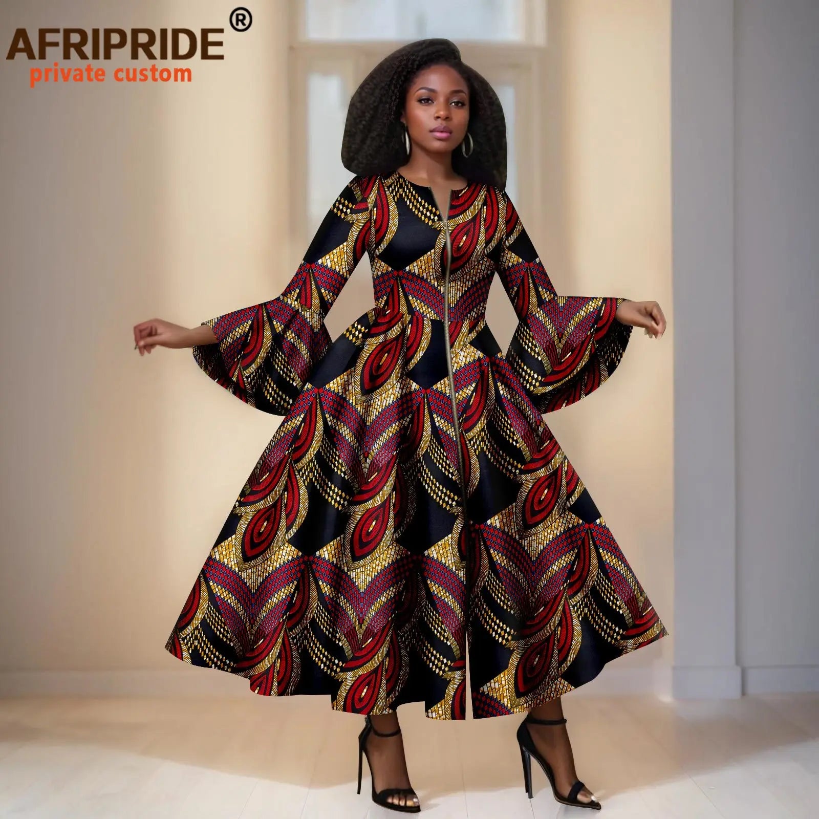 Black Ankara Maxi Dress With Multiple Patterns & Colours – Bell Sleeves & Zipper Detail