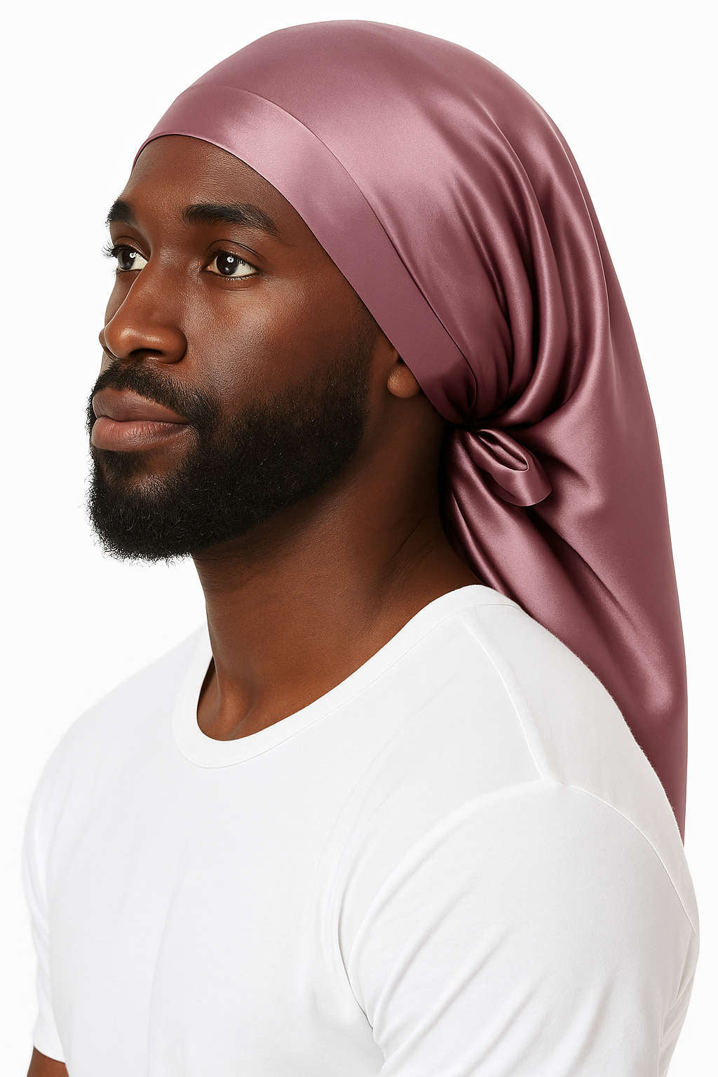 Pink Mulberry Silk Sleep Bonnet for long hair, worn by man in white shirt. Adjustable silk headwrap for frizz-free hair protection.
