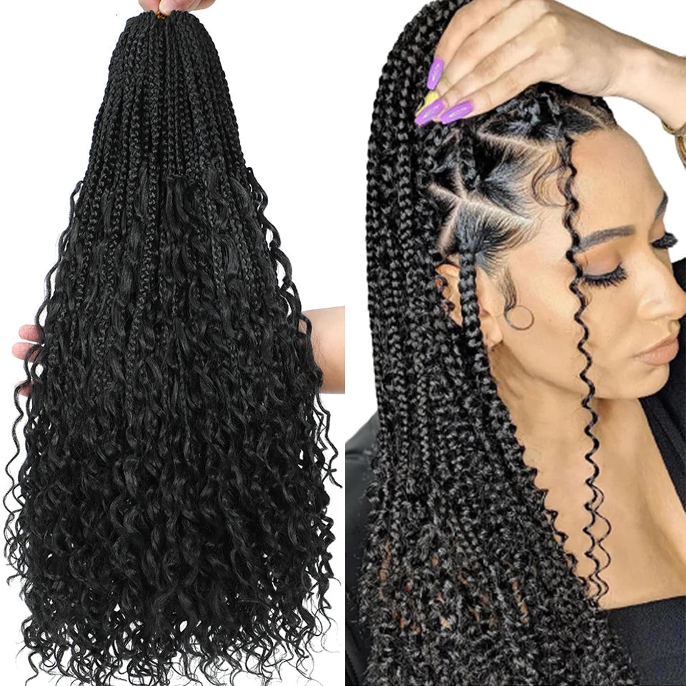 a woman with the black Boho Box Braid Crochet Hair - Black