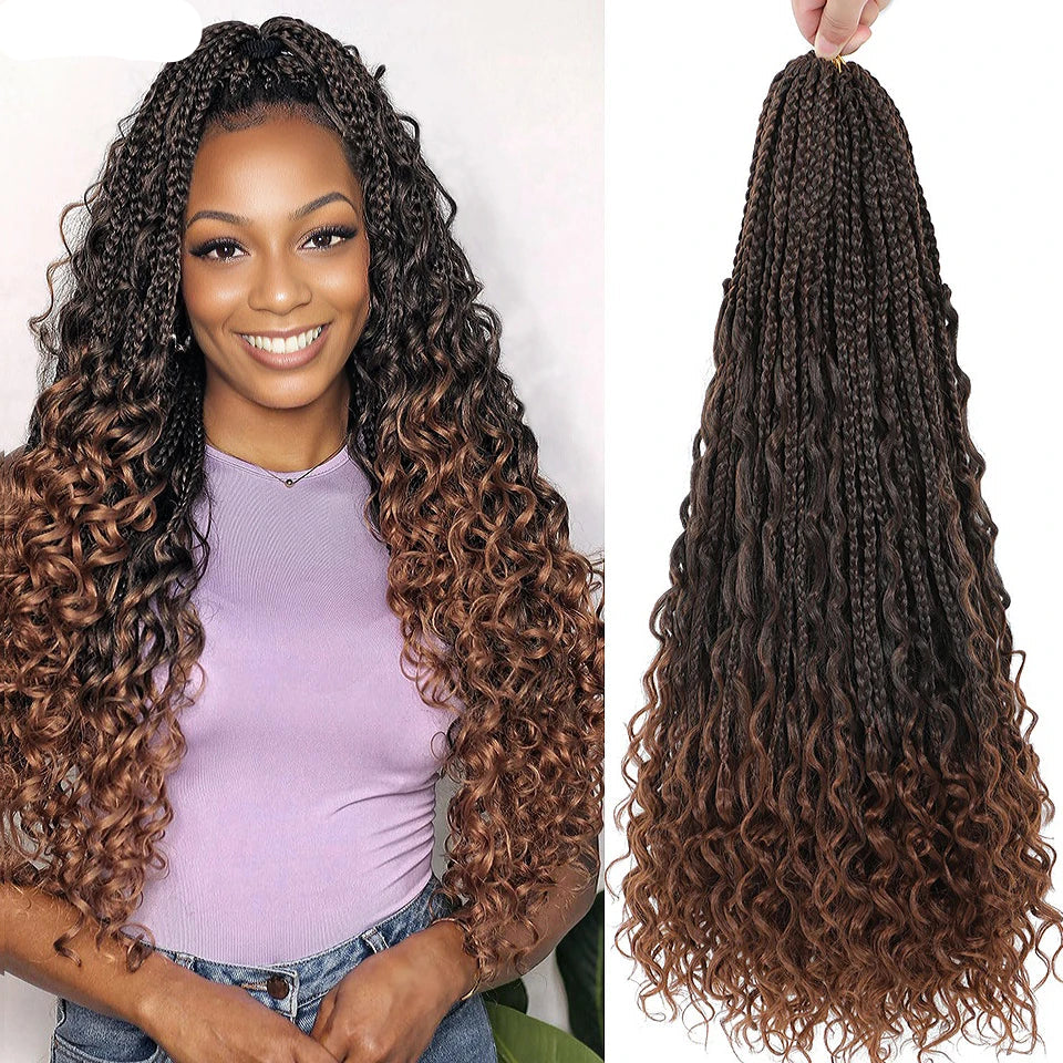 woman with the Boho Box Braid Crochet Hair - Dark Brown