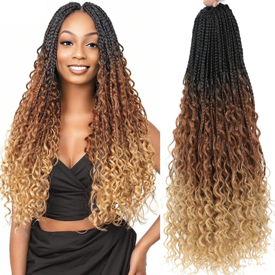 woman with the dark brown boho box braids and blond ends