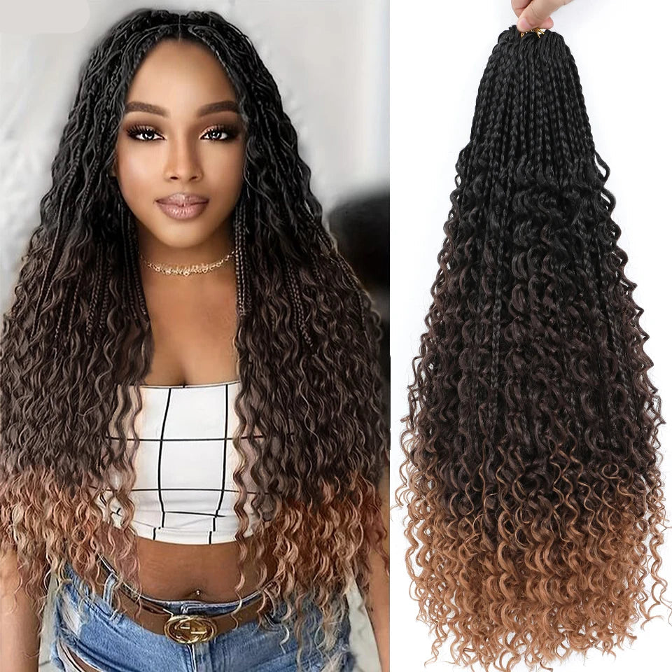 woman with the Black Boho Box Braid Crochet Hair and brown ends