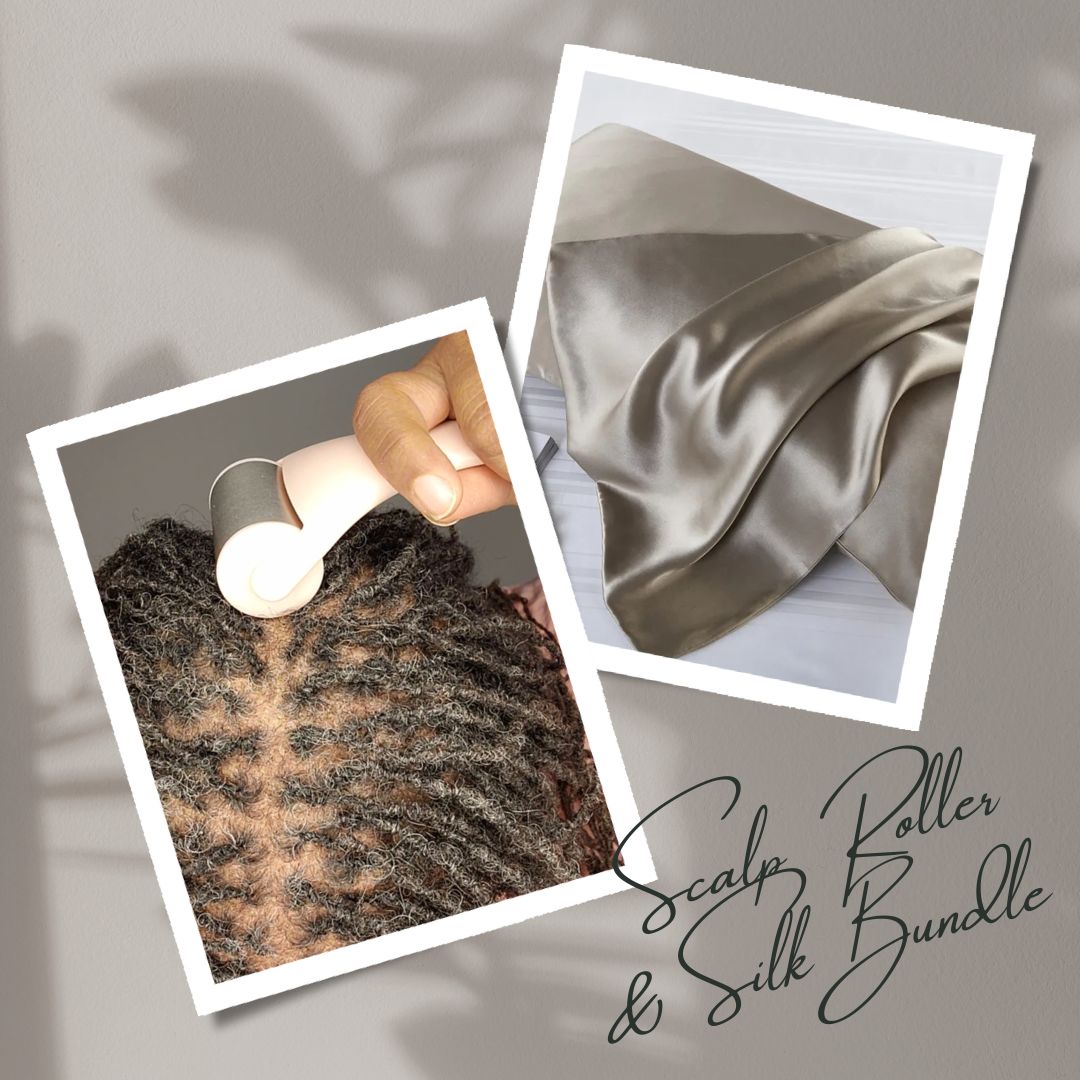 Scalp Roller & Silk Pillowcase Bundle - Healthy Locs Kit featuring a close-up of scalp massage with roller and smooth silk pillowcase for hair protection.
