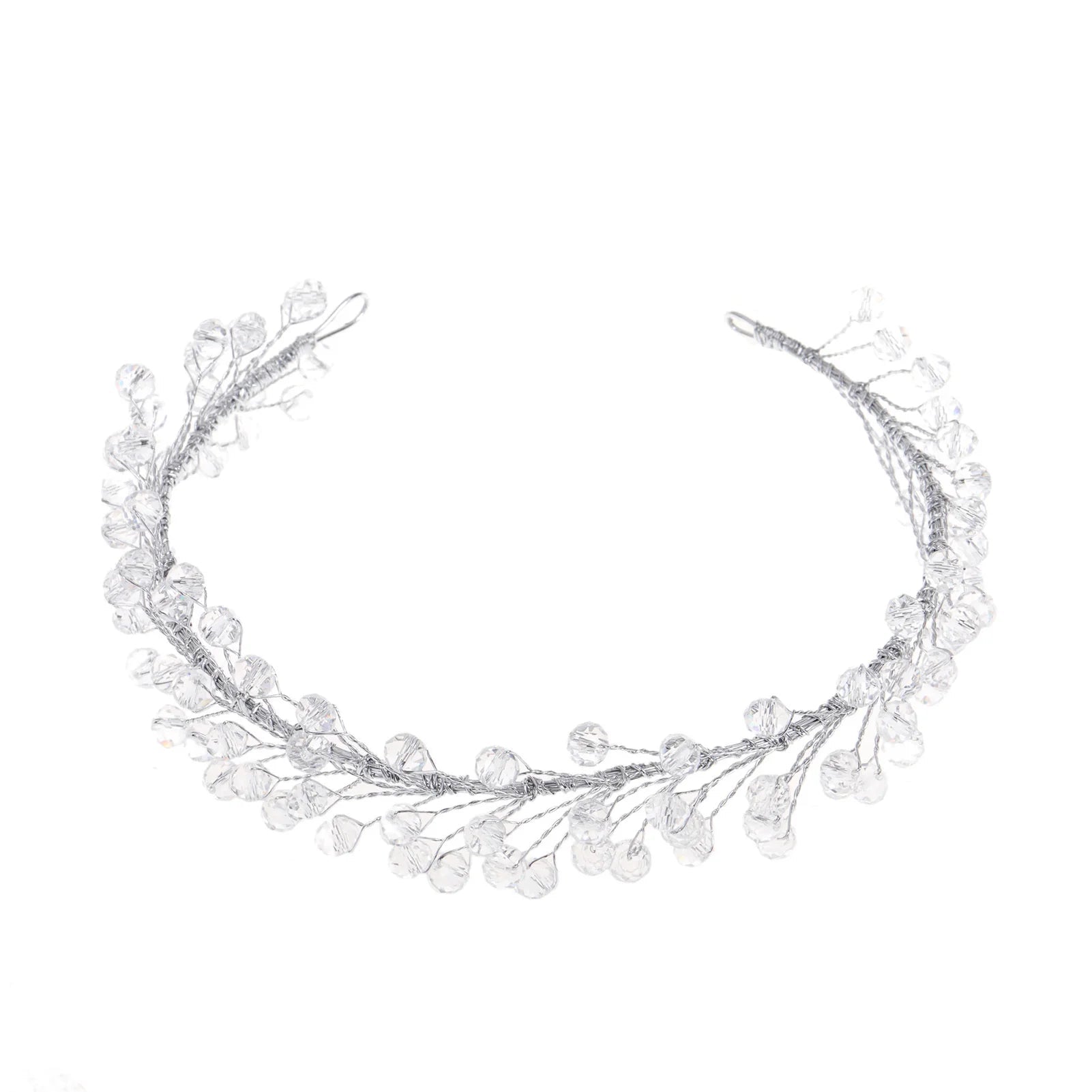 CLEAR CRYSTAL BRIDAL HEADBAND WITH SILVER WIRE, SPARKLING DESIGN IDEAL FOR WEDDINGS AND OCCASIONS.
