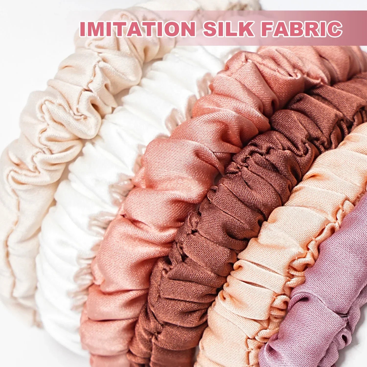 Close-up of imitation silk fabric used in Mulberry Silk Hair Elastics. Smooth texture helps reduce frizz and retain hair moisture.