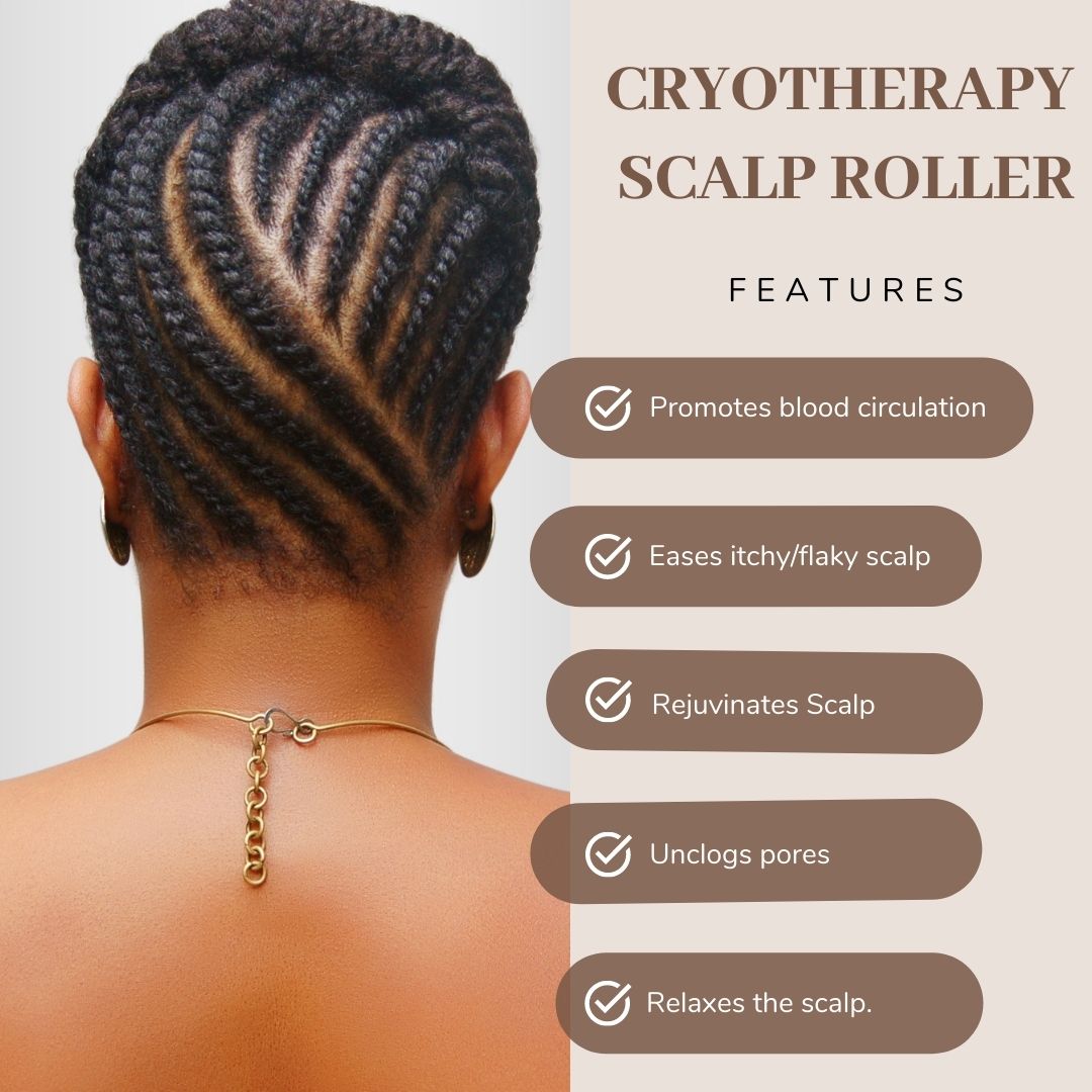 Cryotherapy Scalp Roller benefits from the Scalp Roller & Silk Pillowcase Bundle - Healthy Locs Kit, highlighting scalp rejuvenation and pore unclogging.