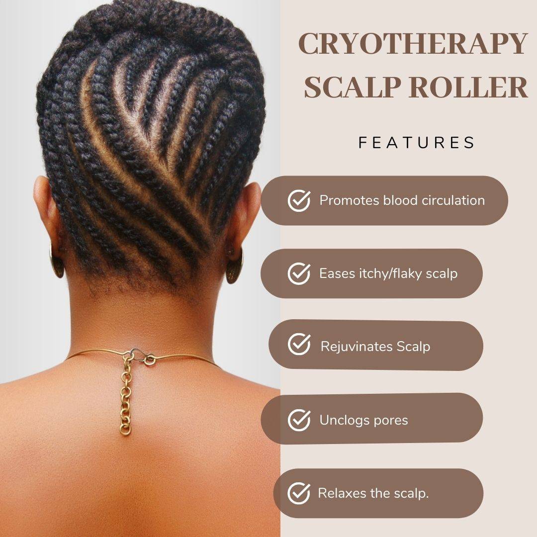 Cryotherapy Scalp Roller benefits from the Scalp Roller & Silk Pillowcase Bundle - Healthy Locs Kit, highlighting scalp rejuvenation and pore unclogging.