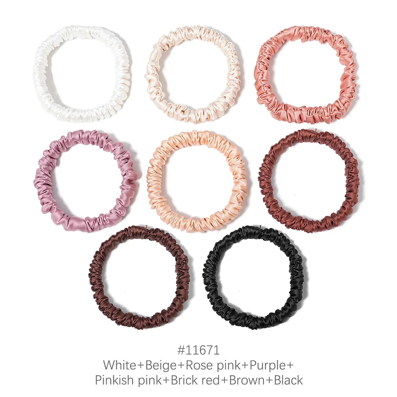 Eight Mulberry Silk Hair Elastics in colors like white, beige, rose pink, and black. Designed for frizz-free styling of natural hair and locs.
