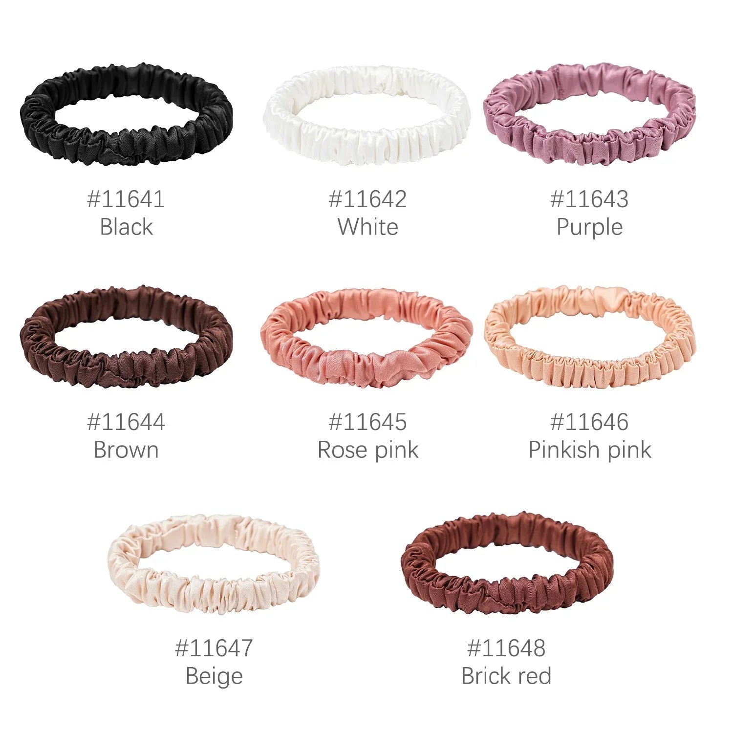 Eight Mulberry Silk Hair Elastics in various colors labeled with item numbers, including black, white, rose pink, and brick red. Great for hair care variety.