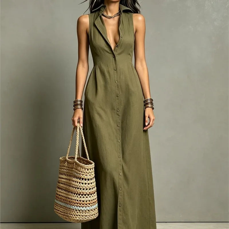 Fashion V-neck Maxi Dress Single Breasted Sleeveless