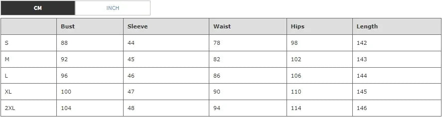 Size chart in centimeters for the one-shoulder maxi dress, detailing bust, sleeve, waist, hips, and length measurements for various sizes.