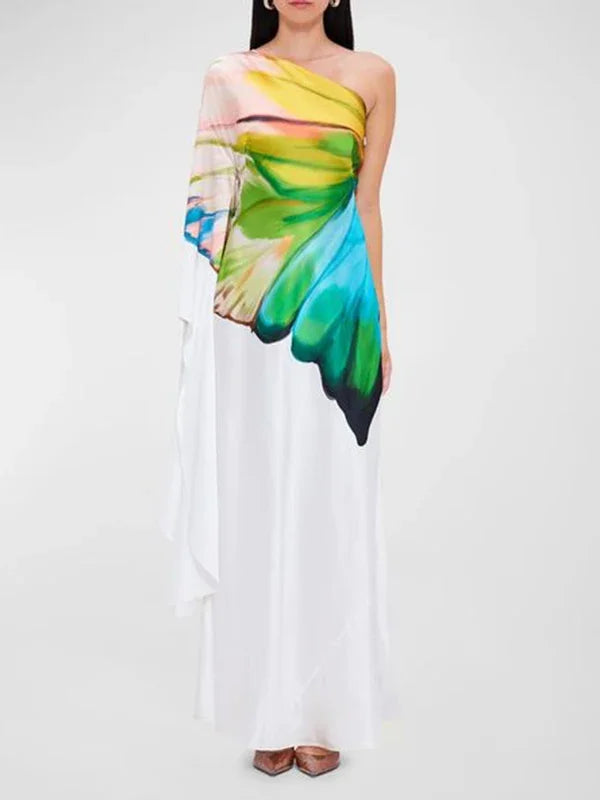 Front view of a one-shoulder maxi dress with a vibrant butterfly wing print. A stunning and elegant choice for summer and evening wear.