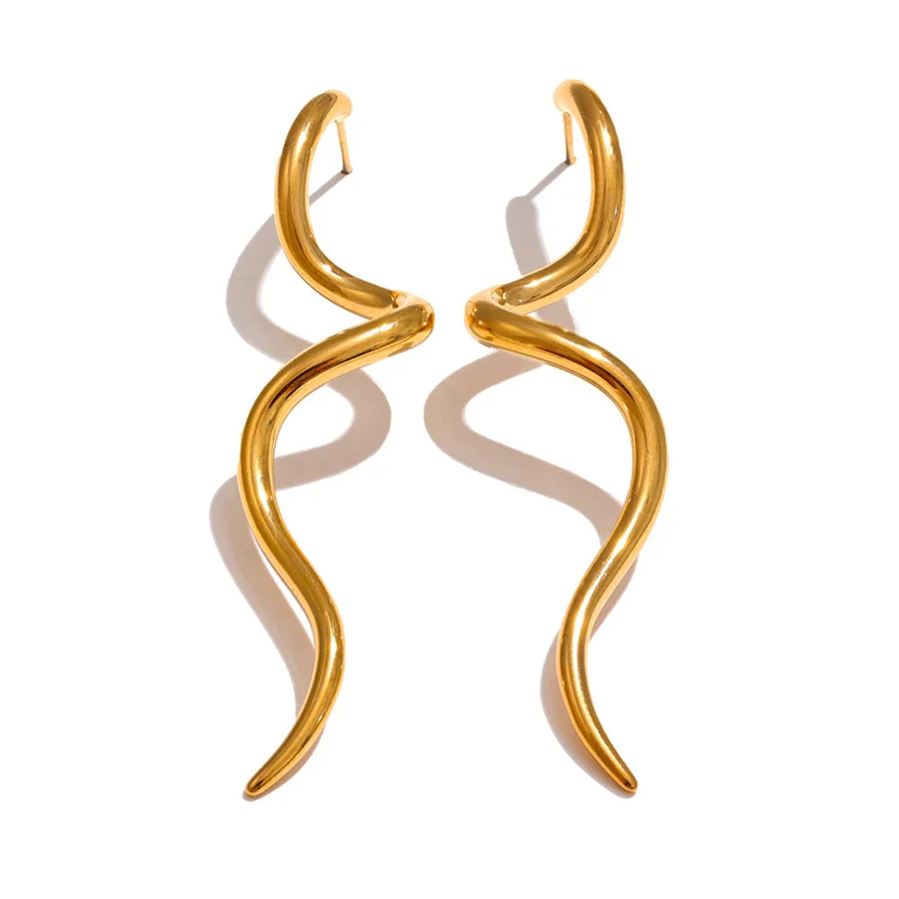 Gold flowing metal geometric long stud earrings with a sleek, artistic wave shape, ideal for a bold and elegant fashion statement.