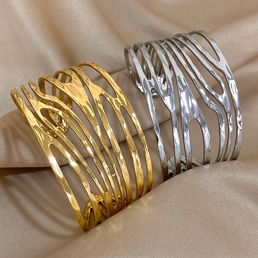 Gold and Silver Irregular Hollow Hair Cuffs side by side showcasing color options