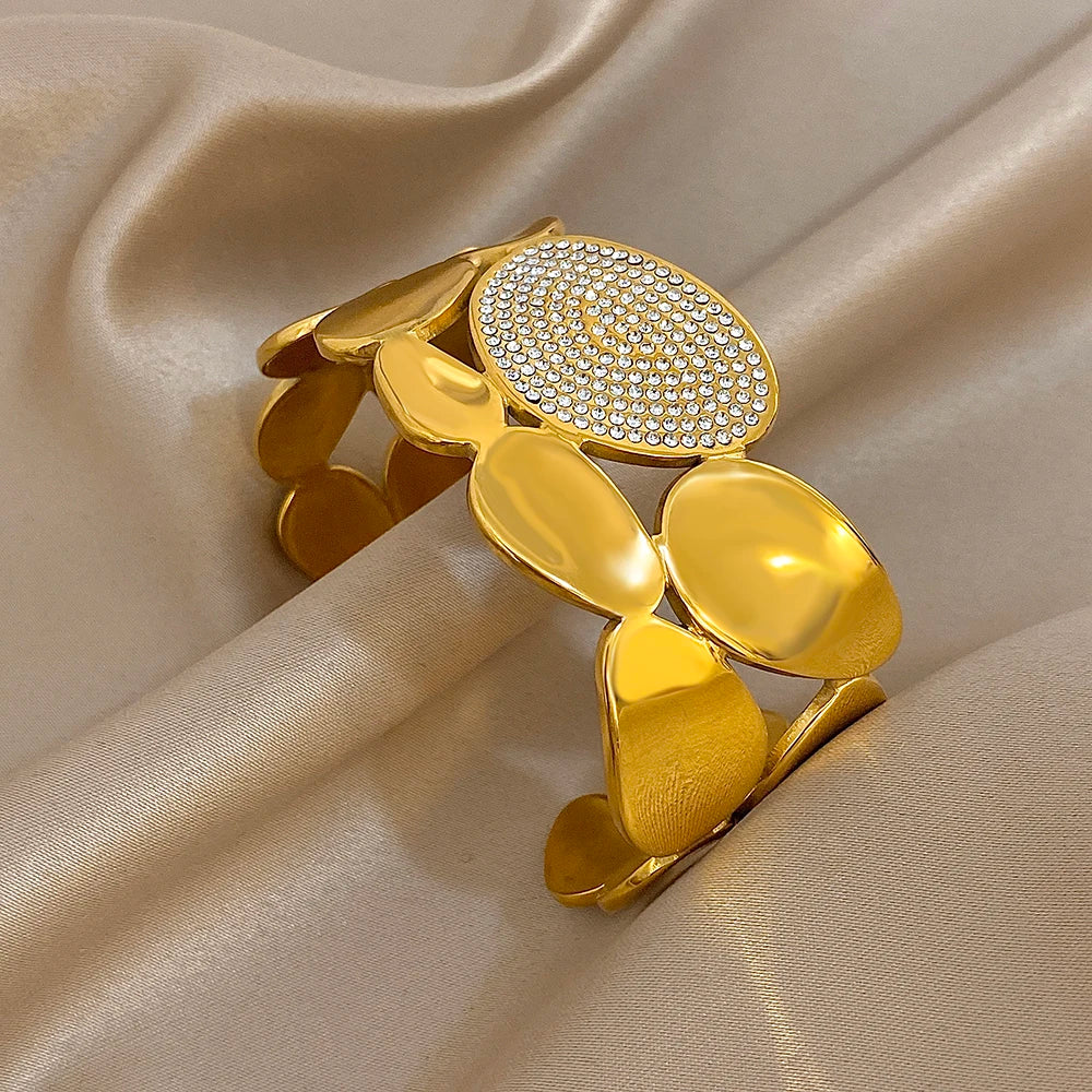 Gold Crystal Geometric Wide Cuff Bracelet from the top
