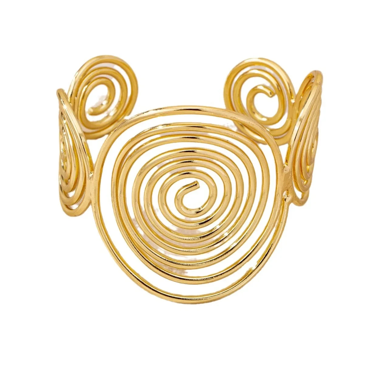Stylish gold swirl hair cuff with spiral accents, worn on wrist to show size and curve.