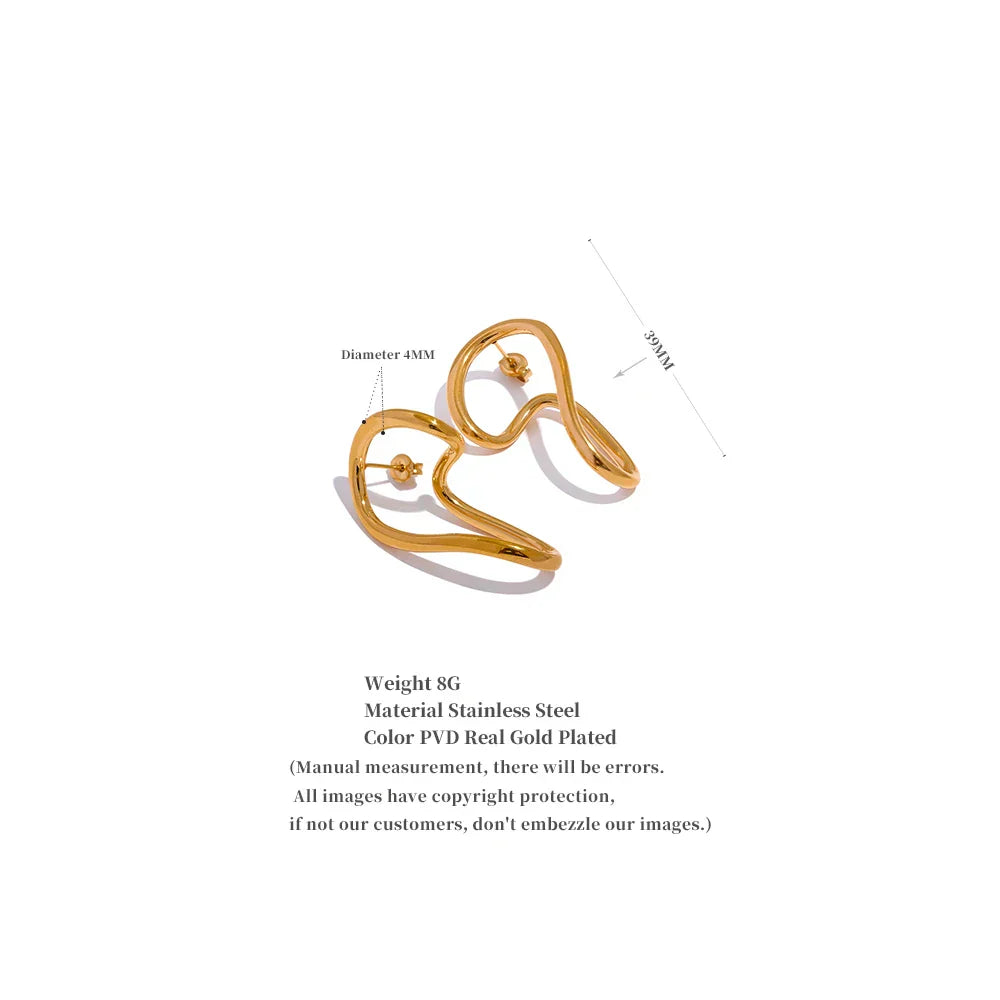 Gold twisted stud earrings with dimensions and material details. Made of stainless steel with PVD real gold plating, weighing 8g.