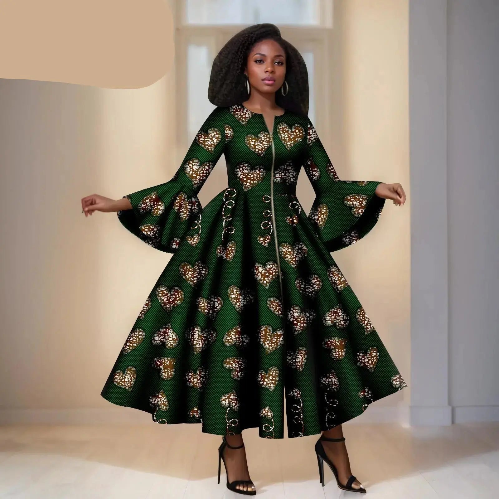 Green Ankara Maxi Dress With Heart Details – Bell Sleeves & Zipper Detail