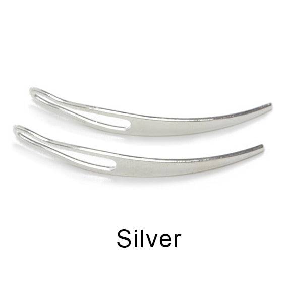 Pair of silver curved interlocking tools for Micro Locs, Sisterlocks, and Dreadlocks, crafted for durability and ease of use.