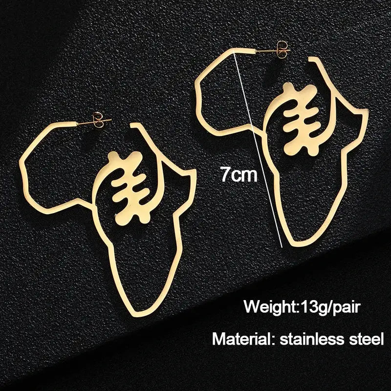 Large gold African Adinkra earrings with a 7cm height, crafted from stainless steel. Bold and stylish cultural jewelry piece.
