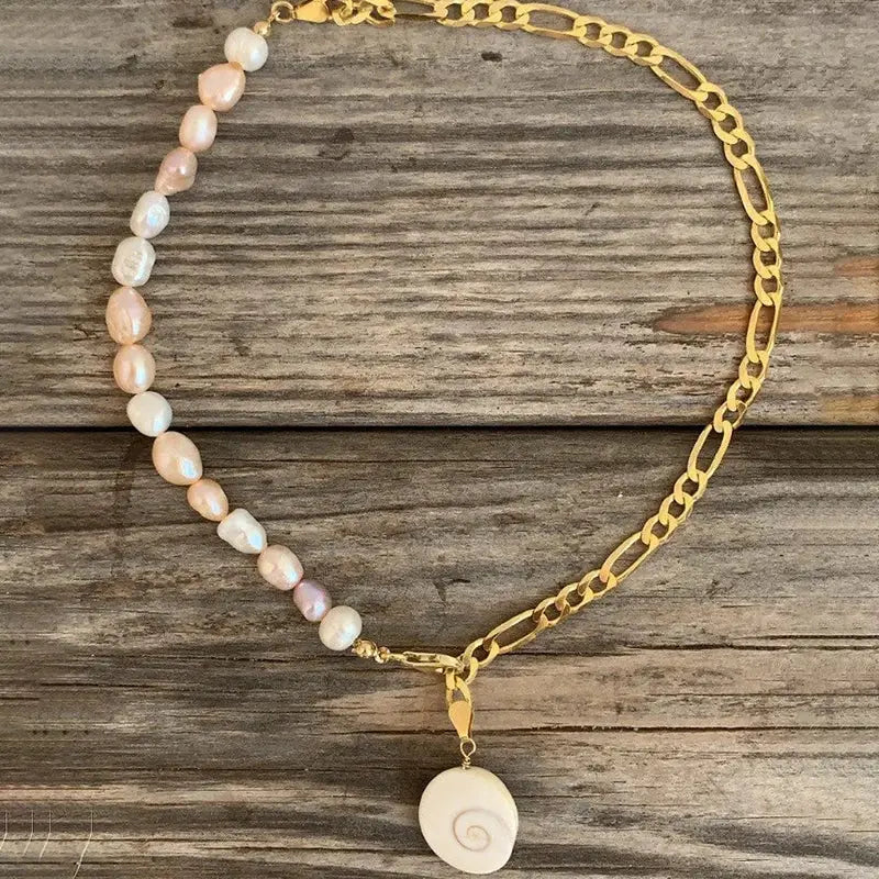 Pearl and Gold Chain Handmade Cowrie Shell Necklace, a sophisticated and elegant piece for formal occasions.