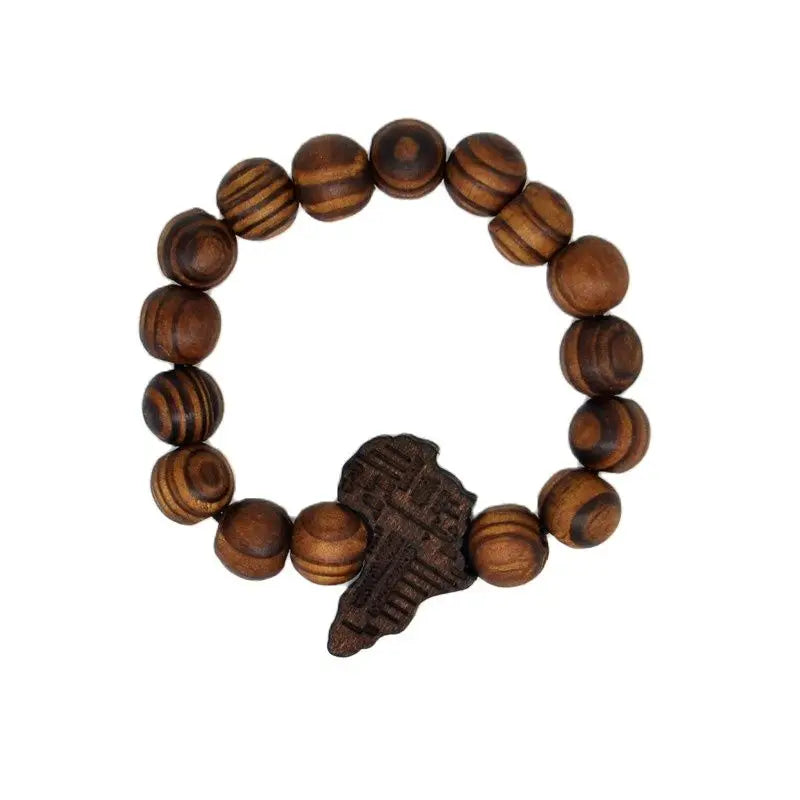 African Roots Bracelet featuring wooden beads and an Africa-shaped pendant. This unisex beaded charm bracelet offers an adjustable fit for all styles.