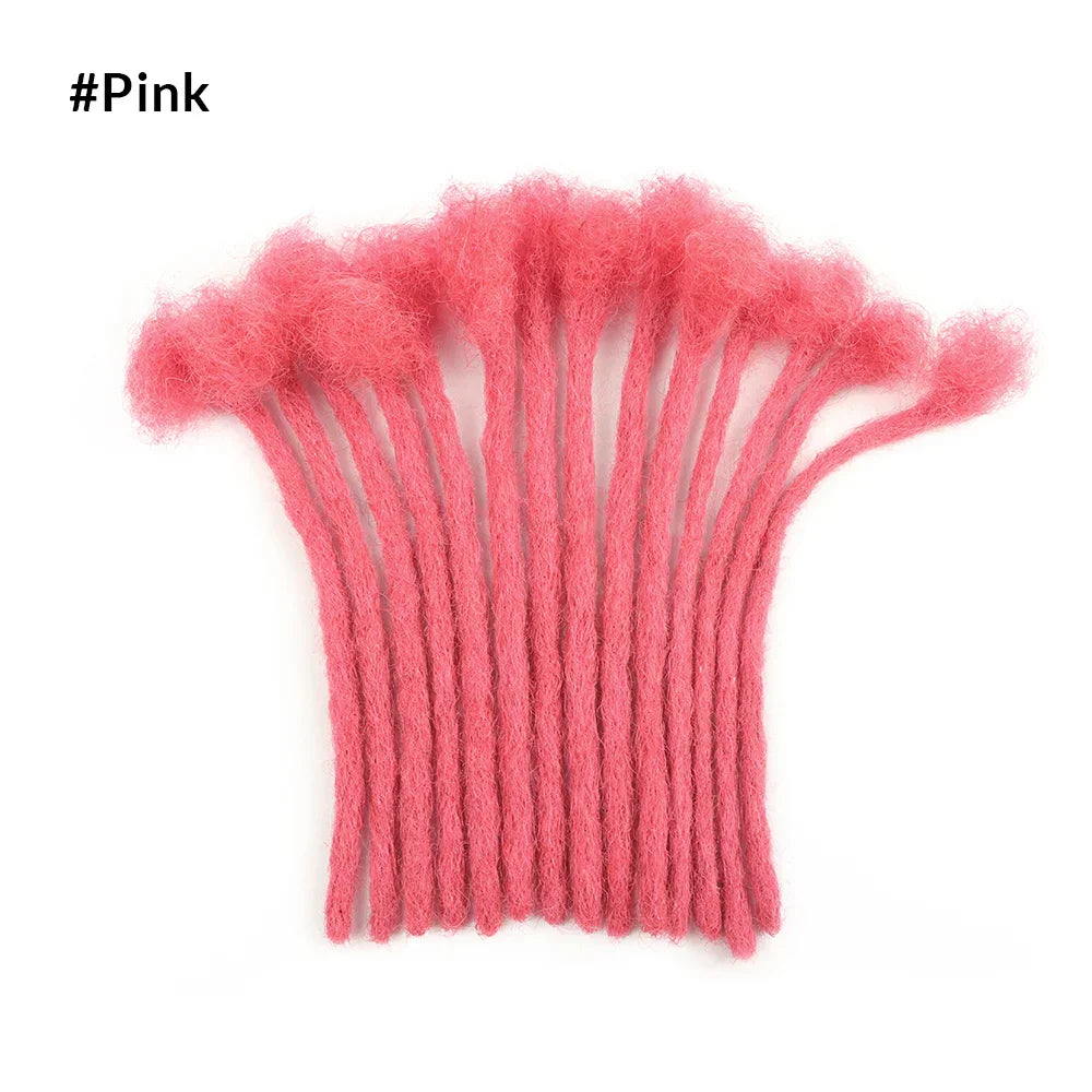 Pink human hair loc extensions with open ends. 0.8 cm dreadlock extensions for a bold and stylish look.