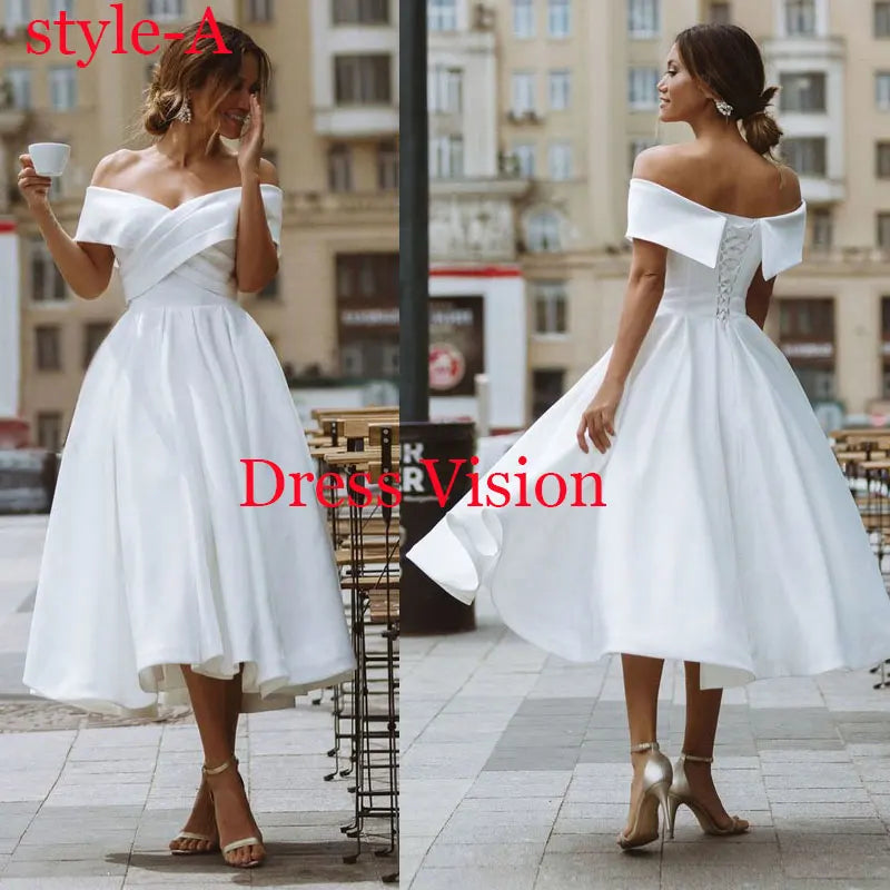Front and back views of an off-shoulder white midi dress with a corset back. A romantic and customizable wedding dress option.