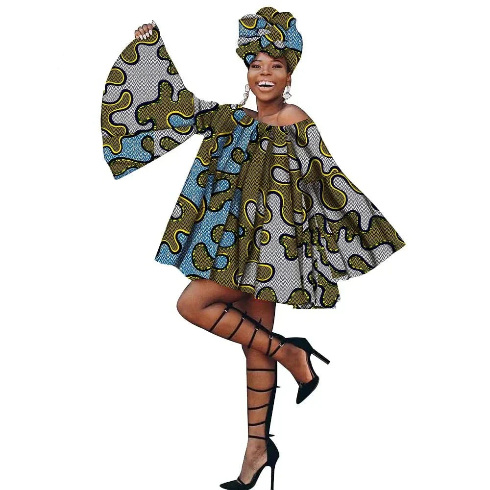 Elegant African flare sleeves summer dress with head wrap in blue and olive abstract print. Off-shoulder style perfect for warm-weather fashion.
