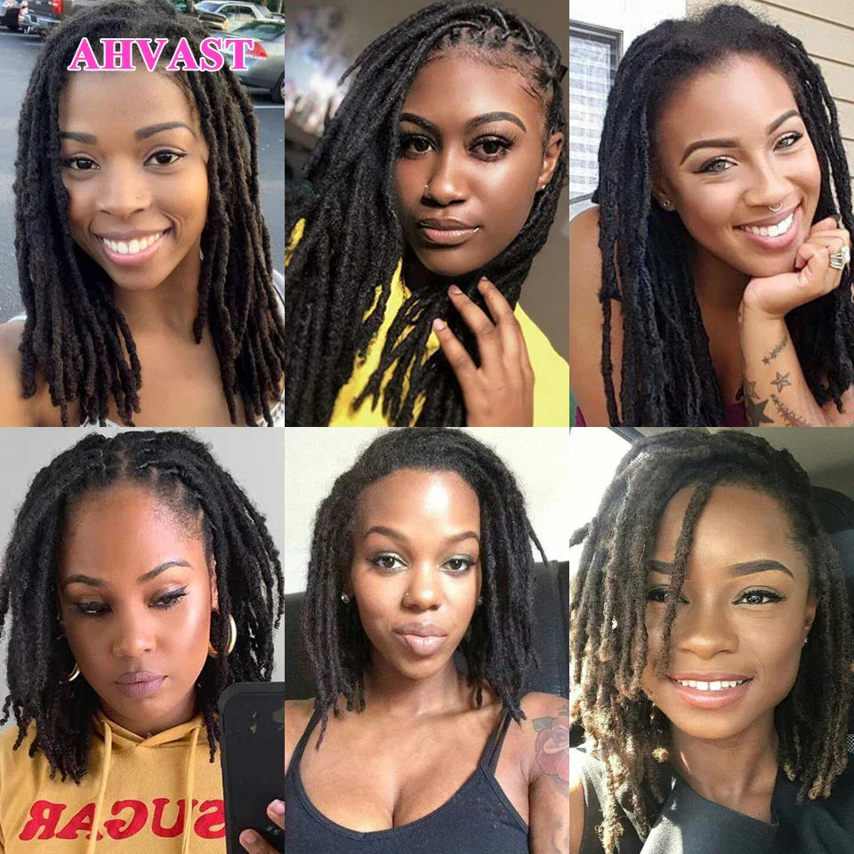 Collage of women wearing black human hair loc extensions in various styles. 0.8 cm dreadlock extensions for a natural and stylish look.