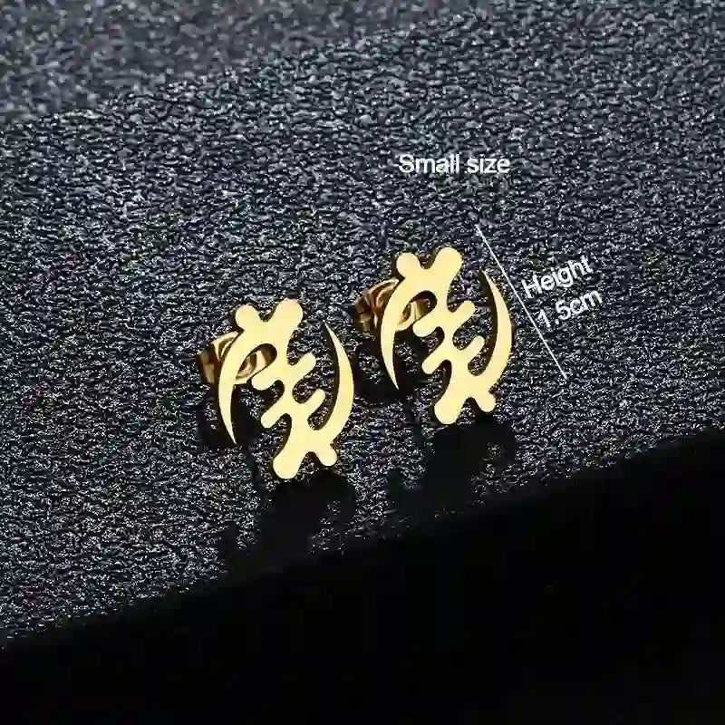 Small gold Adinkra symbol stud earrings measuring 5cm in height. Minimalist African-inspired jewelry for subtle elegance.