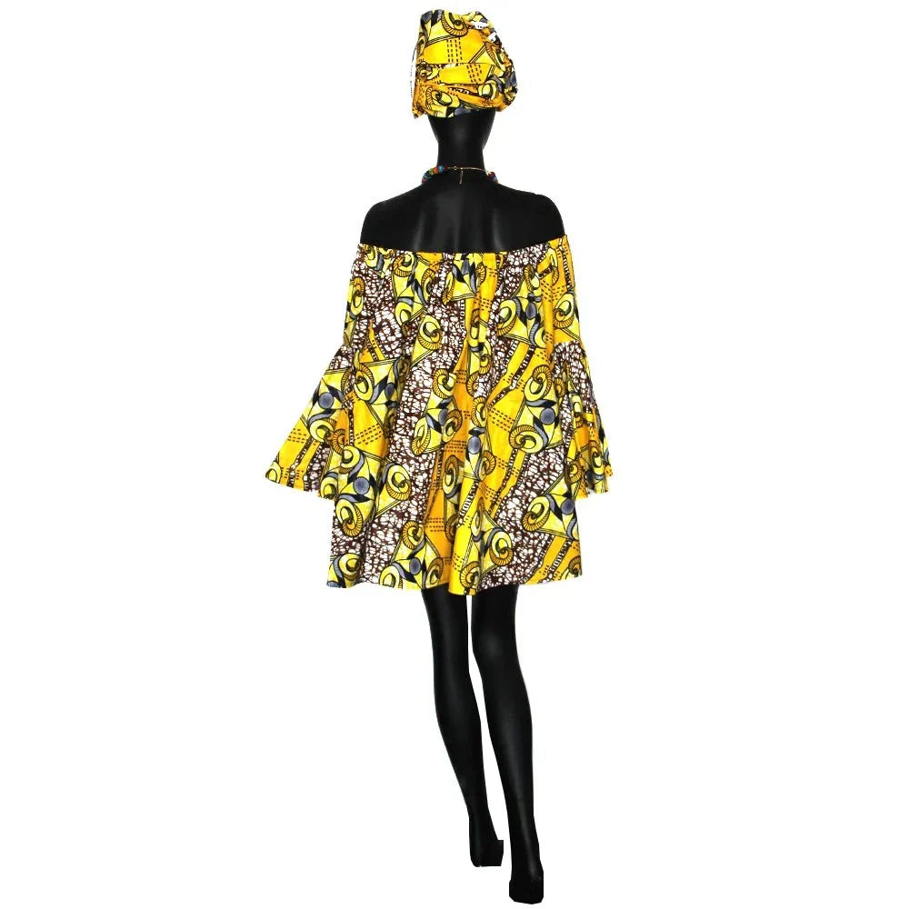 Back view of African flare sleeves summer dress with head wrap in yellow and black swirl print. Off-shoulder design showcased on a mannequin.