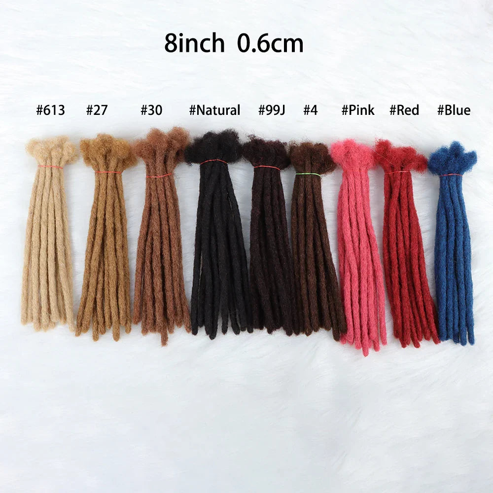 Assorted 8-inch human hair loc extensions in multiple colors, 0.6 cm thick, ideal for dreadlock styling and customization.