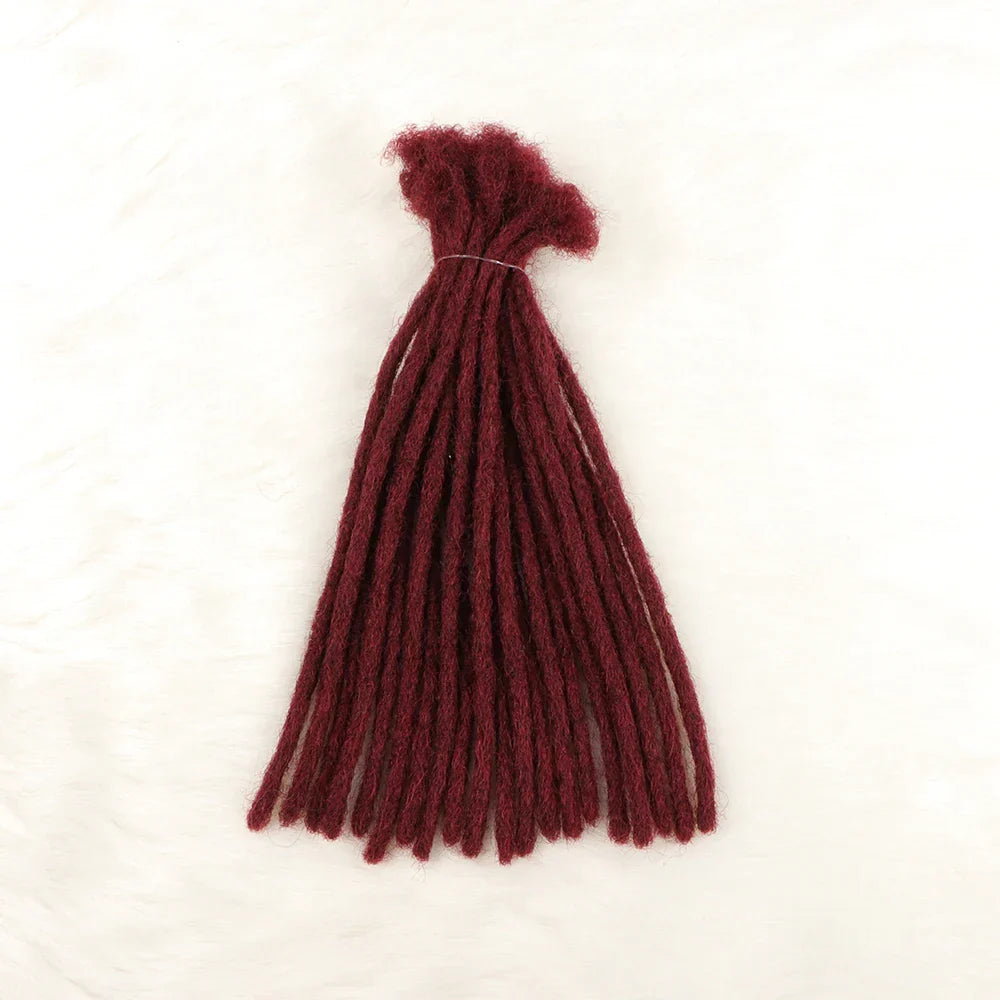 Burgundy human hair loc extensions, 0.4 cm thick, ideal for adding vibrant color to dreadlock hairstyles.