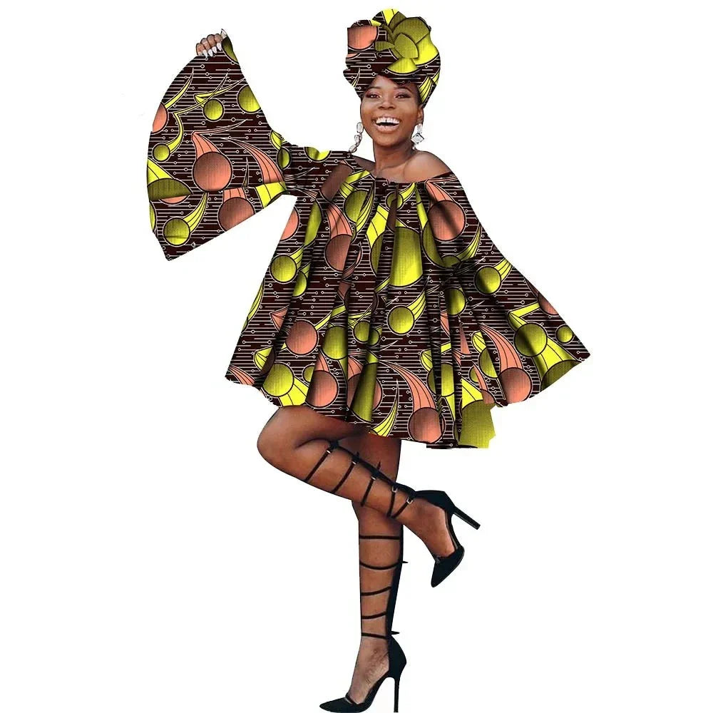 Stylish African flare sleeves summer dress with head wrap in yellow and brown geometric print. Flowy off-shoulder design for a bold statement.