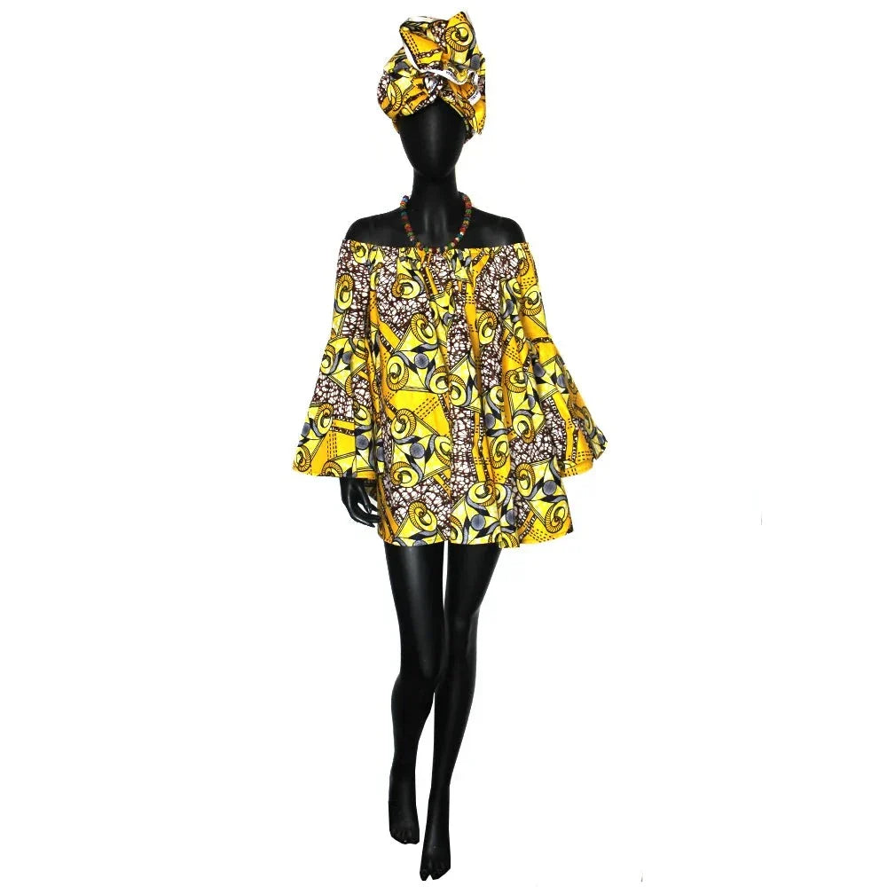 Trendy African flare sleeves summer dress with head wrap in yellow and black swirl print. Off-shoulder style displayed on a mannequin for elegance.