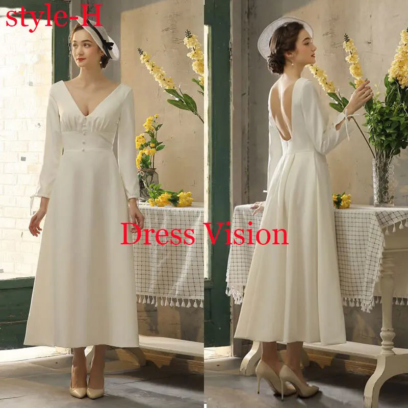 Vintage-inspired white wedding dress with long sleeves and an open-back design. A romantic and elegant bridal gown.