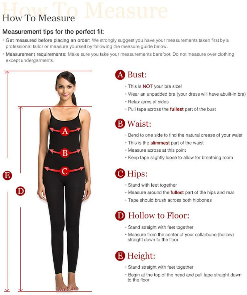 Measurement guide for the perfect dress fit, detailing bust, waist, hips, and height measurements for accurate sizing.