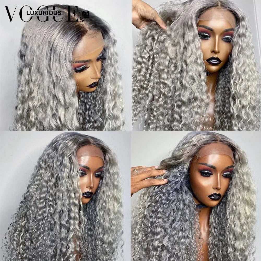Long grey 250 density deep curly wig with 13x4 lace front, made from human hair. Features a natural hairline and voluminous curls for a stylish look.