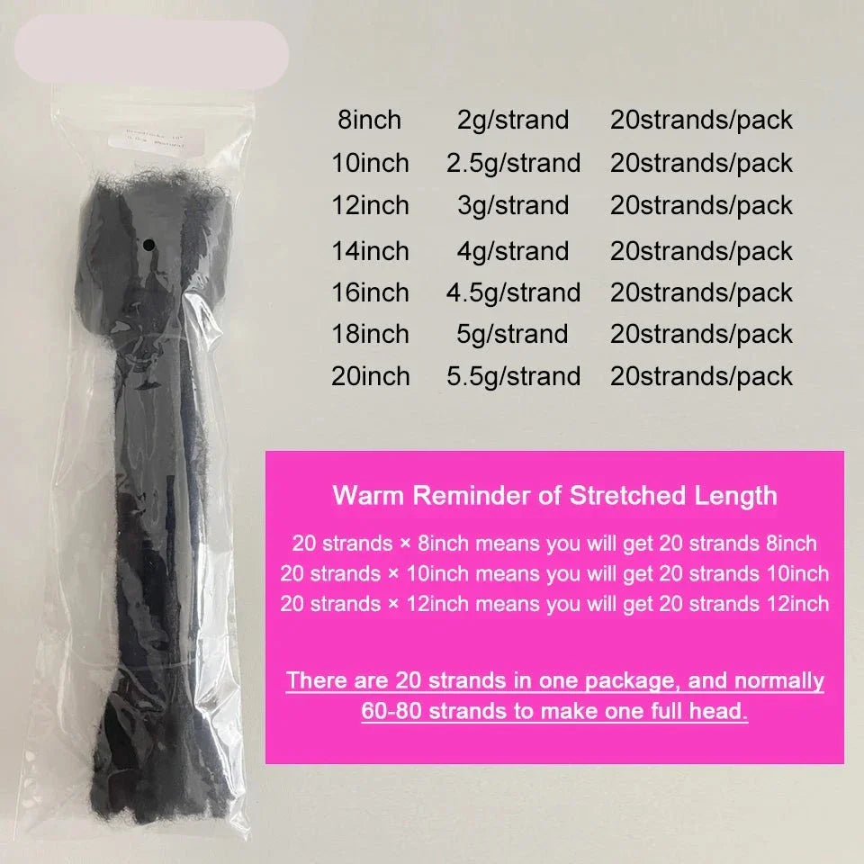 Packaged human hair loc extensions with weight and length details. Each pack contains 20 strands for a full head installation.