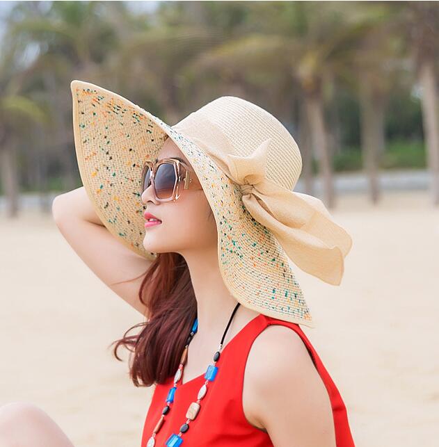 New Straw Hat Ribbon Bowknot with Wide Brim