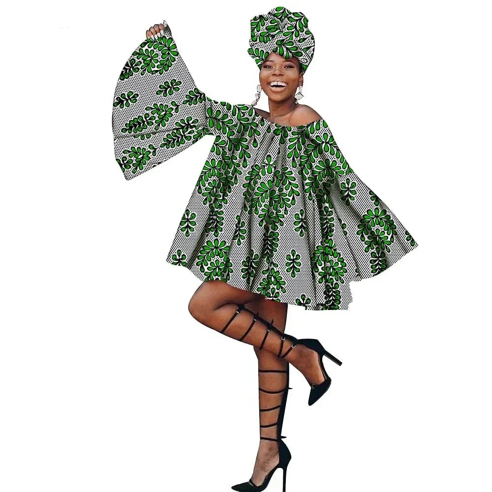Chic African flare sleeves summer dress with head wrap in green and white floral print. Off-shoulder design ideal for casual and festive occasions.
