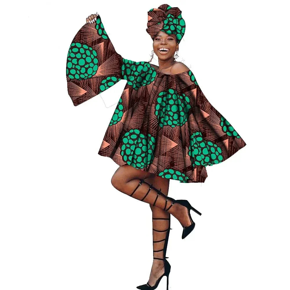 Vibrant African flare sleeves summer dress with matching head wrap in green and brown print. Stylish off-shoulder design for a chic ethnic look.